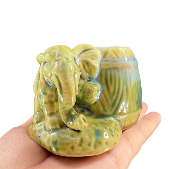 Vintage Majolica Style Pottery Green Elephant Vase Planter Drip Glaze Ceramic - Picture 13 of 15